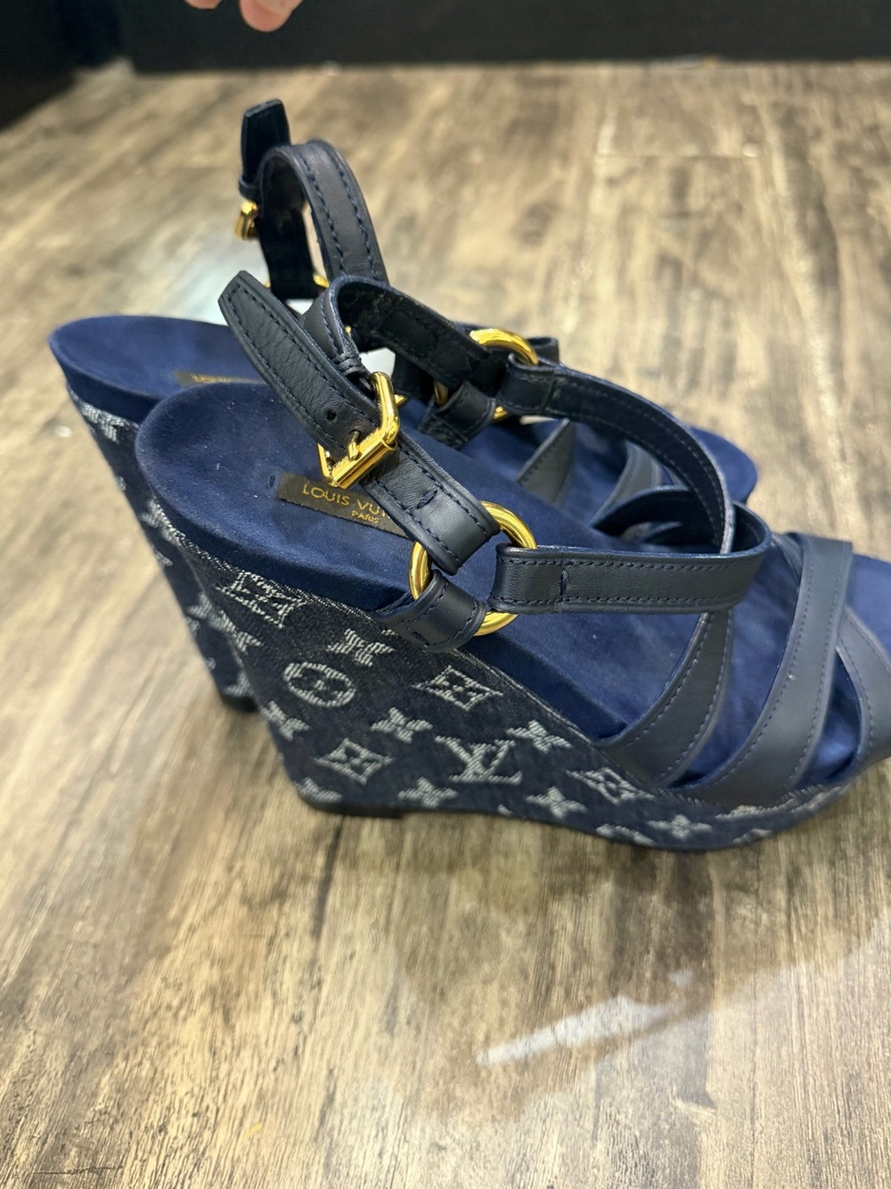 Louis Vuitton Navy Monogram Denim Wedge Sandals with Gold Hardware
